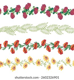 Chamomile, rudbeckia, clover, leaves, poppies, lilies of the valley, berries, tulips, assembled horizontal border seamless pattern Floral seamless border