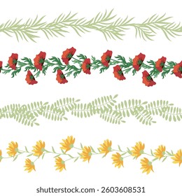 Chamomile, rudbeckia, clover, leaves, poppies, lilies of the valley, berries, tulips, assembled horizontal border seamless pattern Floral seamless border