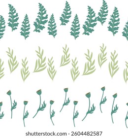 Chamomile, rudbeckia, clover, leaves, poppies, lilies of the valley, berries, tulips, assembled horizontal border seamless pattern Floral seamless border