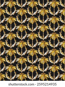 Chamomile. Seamless floral pattern with stylized decorative flowers and leaves in folk art style. Vintage ornamental print inspired by traditional motifs. Ideal for textiles, wallpaper and stationery.