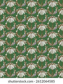 Chamomile. Seamless floral pattern with stylized decorative flowers and leaves in folk art style. Vintage ornamental print inspired by traditional motifs. Ideal for textiles, wallpaper and stationery.