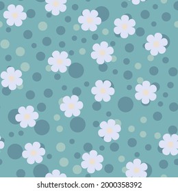 Chamomile seamless pattern. Abstract background with white daisies on green. Pattern for textiles, fabrics, bed linen, wallpaper. Decorative print for design with chamomile and daisies. Vector 