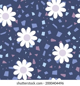 Chamomile seamless pattern. Abstract background with white daisies on blue. Pattern for textiles, fabrics, bed linen, wallpaper. Decorative print for design with chamomile and daisies. Vector