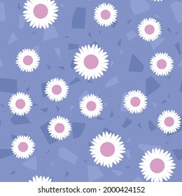 Chamomile seamless pattern. Abstract background with white daisies on blue. Pattern for textiles, fabrics, bed linen, wallpaper. Decorative print for design with chamomile and daisies. Vector