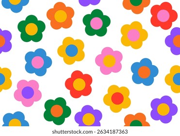 Chamomile seamless pattern. Colorful daisy round flower background. Camomile texture. Isolated on background. Flat design. Vector illustration. Summer chamomile flower. Love design Groovy daisy