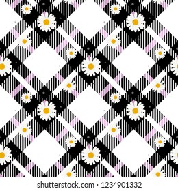 Chamomile seamless pattern. Daisies on retro white an d black Gingham Check background. Vector illustration.