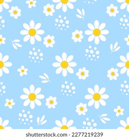 Chamomile seamless pattern. Daisy girl print, springtime flowers trendy fabric texture. Decorative spring summer flower, nowaday vector background