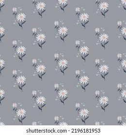 Chamomile seamless pattern floral mille fleur with hearts. Lovely floral print. Perfect for textile, wallpapers, fabric, banners, scrapbooking. Vector illustration.