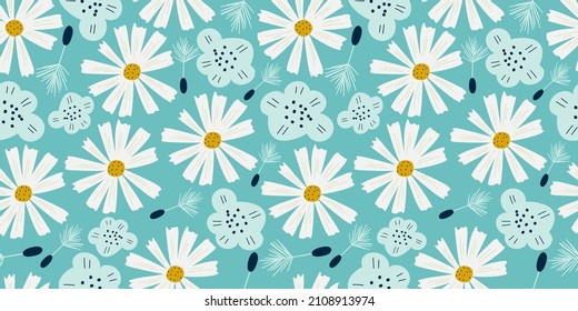 Chamomile seamless pattern with flowers in scandinavian style. Daisy flowers with dandelion and simple flower on blue background for kids designs. Flat Vector illustration.