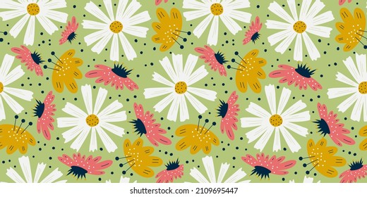 Chamomile seamless pattern with flowers in scandinavian style. Daisy flowers with dandelion and simple flower on green background for kids designs. Flat Vector illustration