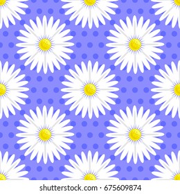 Chamomile seamless pattern on a polka-dot background. Universal print with daisy flowers for fabrics, wrapping paper, wallpaper, textiles. Vector illustration EPS 8