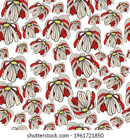 Chamomile seamless pattern with pale white and red petals with a yellow core. Cheerful summer pattern on a white background for printing on textiles, clothing, dresses, pastel linen and towels