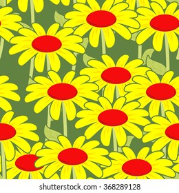 Chamomile seamless pattern. Yellow flowers ornament. Floral background. Texture to fabric.