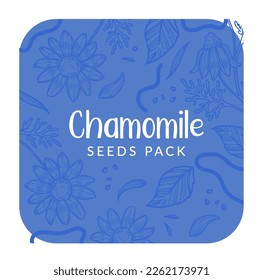 Chamomile seeds pack, growing flowers and producing at farm. Medical properties of blooming flora with foliage, agriculture. Label or emblem, logotype for package, vector in flat style illustration