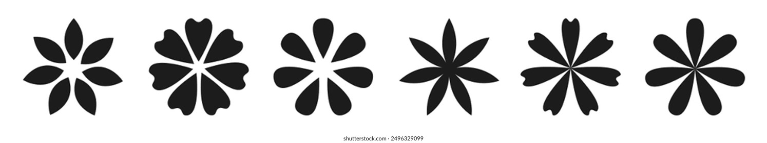 Línea de manzanilla. Icono de silueta de manzanilla. Forma diferente simple abstracta negra. Concepto creciente. Linda colección de flores redondas. Símbolo de la tarjeta de amor. Diseño plano. El fondo blanco. Vector