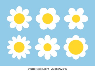 Chamomile set on blue background. Vector illustration.