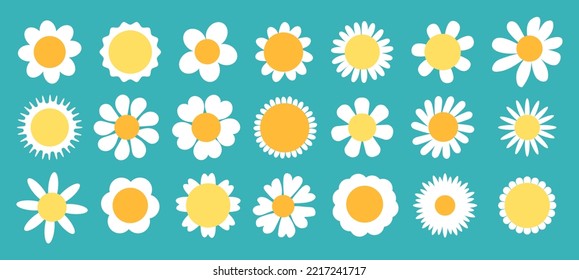 Chamomile set. White chamomile icon isolated. Cute daisy cartoon flowers, round floral plant collection. Symbol of love. Kids logo with daisies flat design concept vector illustration.