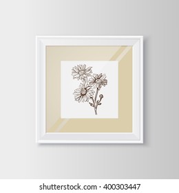 Chamomile sketch in a frame. Useful template with flowers. Vector resizable illustration.