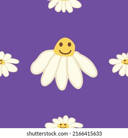 Chamomile smile 1970 pattern. Groovy daisy retro seamless pattern. Positive colorful iilustration. 70s vibe hippie ornament. Floral wallpaper