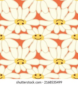 Chamomile smile 1970 pattern. Groovy daisy retro seamless pattern. Positive colorful iilustration. 70s vibe hippie ornament. Floral wallpaper