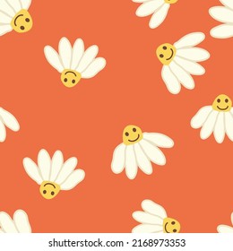 Chamomile smile 1970 pattern. Groovy daisy retro seamless pattern. Hippie Aesthetic