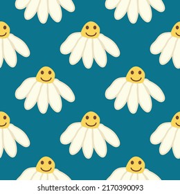 Chamomile smile 1970 pattern. Groovy daisy retro seamless pattern. Hippie Aesthetic