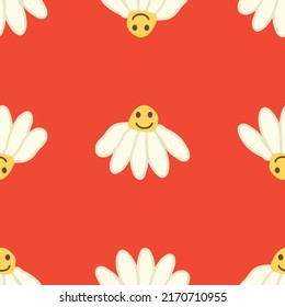 Chamomile smile 1970 pattern. Groovy daisy retro seamless pattern. Hippie Aesthetic