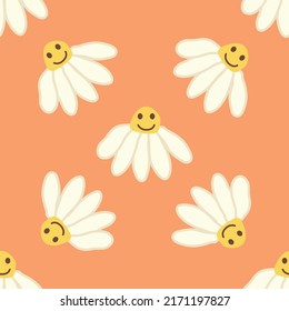 Chamomile smile 1970 pattern. Groovy daisy retro seamless pattern. Hippie Aesthetic