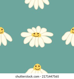Chamomile smile 1970 pattern. Groovy daisy retro seamless pattern. Hippie Aesthetic