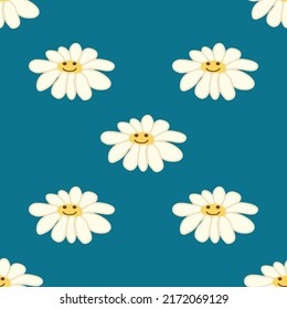 Chamomile smile 1970 pattern. Groovy daisy retro seamless pattern. Positive colorful iilustration. 70s vibe hippie ornament. Floral wallpaper