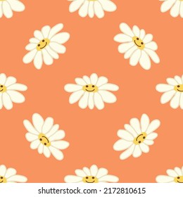 Chamomile smile 1970 pattern. Groovy daisy retro pattern. Positive colorful illustration. 70s vibe hippie ornament. Floral wallpaper