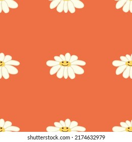 Chamomile smile 1970 pattern. Groovy daisy retro seamless pattern. Positive colorful iilustration. 70s vibe hippie ornament. Floral wallpaper