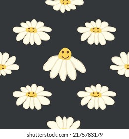 Chamomile smile 1970 pattern. Groovy daisy retro  pattern. Positive colorful iilustration. 70s vibe hippie ornament. Floral wallpaper