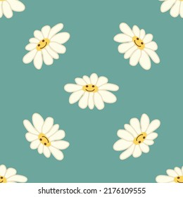 Chamomile smile 1970 pattern. Groovy daisy retro seamless pattern. Positive colorful iilustration. 70s vibe hippie ornament. Floral wallpaper