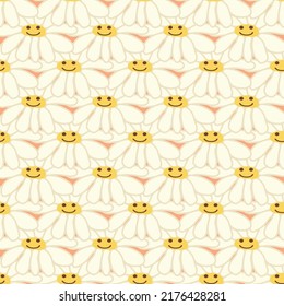 Chamomile smile 1970 pattern. Groovy daisy retro seamless pattern. Positive colorful iilustration. 70s vibe hippie ornament. Floral wallpaper