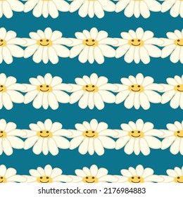 Chamomile smile 1970 pattern. Groovy daisy retro seamless pattern. Positive colorful iilustration. 70s vibe hippie ornament. Floral wallpaper