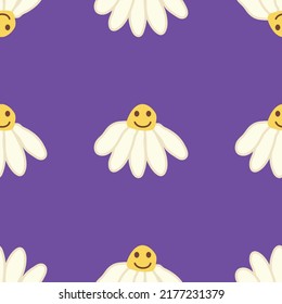 Chamomile smile 1970 pattern. Groovy daisy retro seamless pattern. Hippie Aesthetic