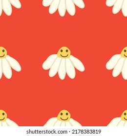 Chamomile lächelt das Muster von 1970. Groovy daisy Retro nahtloses Muster. Hippie-Ästhetik