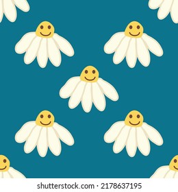 Chamomile smile 1970 pattern. Groovy daisy retro seamless pattern. Hippie Aesthetic