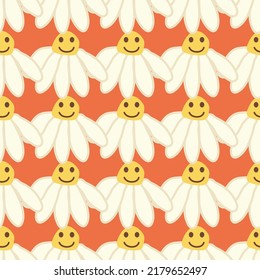 Chamomile smile 1970 pattern. Groovy daisy retro seamless pattern. Hippie Aesthetic