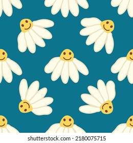 Sonrisa Chamomile patrón 1970. Groovy daisy patrón retro. Estética hippie
