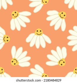 Chamomile smile 1970 pattern. Groovy daisy retro seamless pattern. Hippie Aesthetic