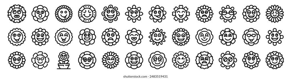 Chamomile smile icons set. Big set of sunflower characters showing different emotions and wearing sunglasses