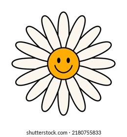 Chamomile with smiling face. Vector isolated flat illustration.