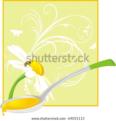 Chamomile and spoon with floral honey. Vector