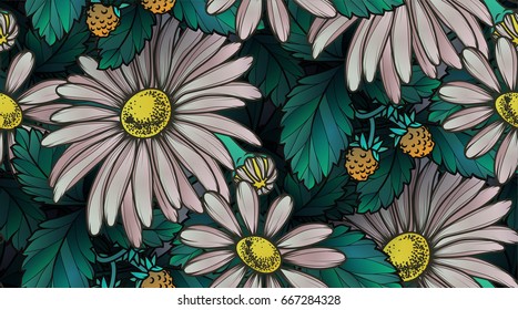 Chamomile and strawberries seamless pattern
