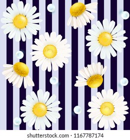 Chamomile. Chamomile striped background. Wallpaper. Background. Textile. Pattern seamlessly repeating of pearls and chamomile