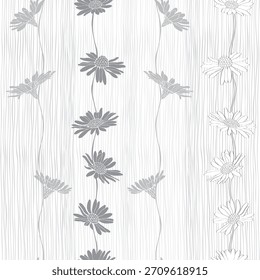 Camomila. Elegante monocromático padrão contínuo na listrada. Vetor. Resumo da natureza.  Perfeito para modelos de design, papel de parede, embalagem, tecido, impressão e têxtil.