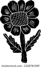 Chamomile stylized flower. Hand-drawn illustration in linocut style. Black vector element for design
