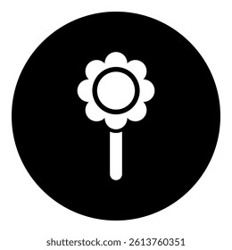 A chamomile symbol in the center. Isolated white symbol in black circle. Vector illustration on white background